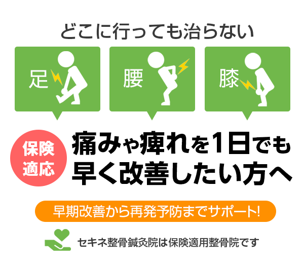 どこに行っても治らない足腰膝痛みや痺れを１日でも
早く改善したい方へ保険適応早期改善から再発予防までサポート！セキネ整骨鍼灸院は保険適用整骨院です